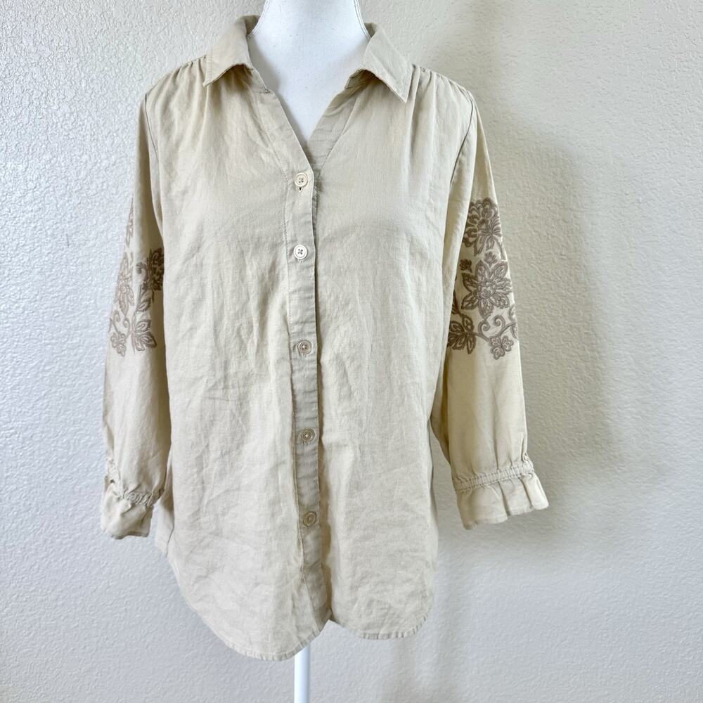 Belle Kim Gravel M Sand Bar Linen Blend Embroidered Sleeve Button Blouse A647297